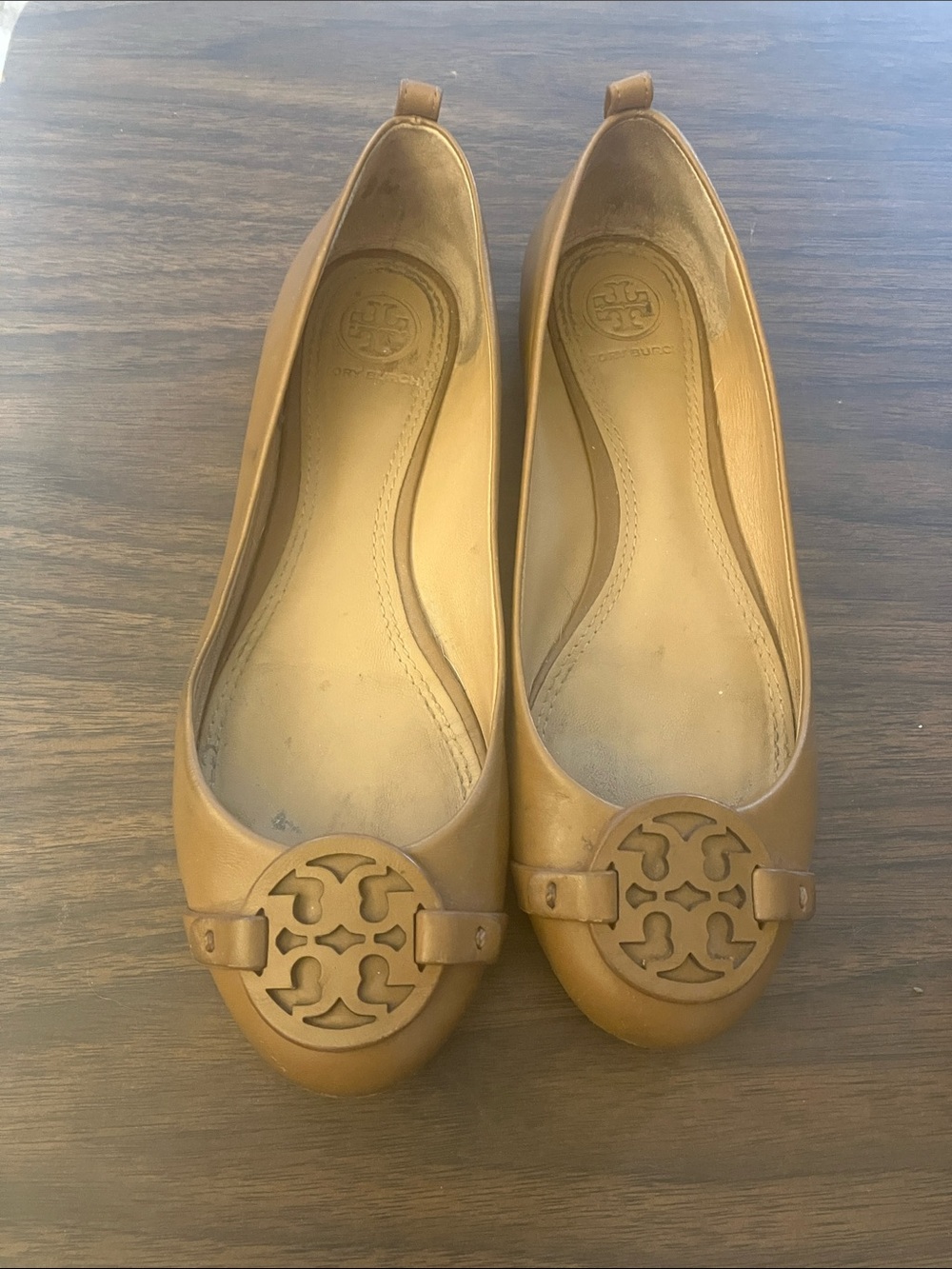 Tory Burch Cognac Leather Logo Ballet Flats